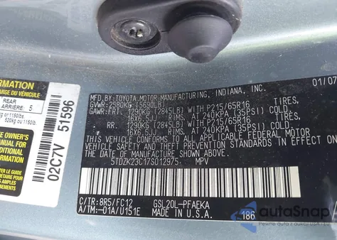 2007 Toyota Sienna Le из США, поврежденный, VIN 5TDZK23C17S012975